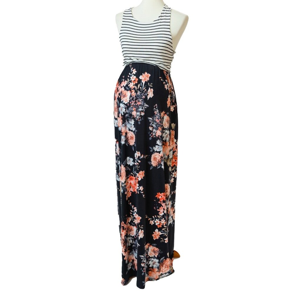 Floral & Striped Sleeveless Maxi Dress - NOT MATERNITY-photographed w/fake belly